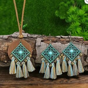 NEW! Boho Turquoise Tassel Necklace Earrings Set Hippie Gypsy Grunge Trendy